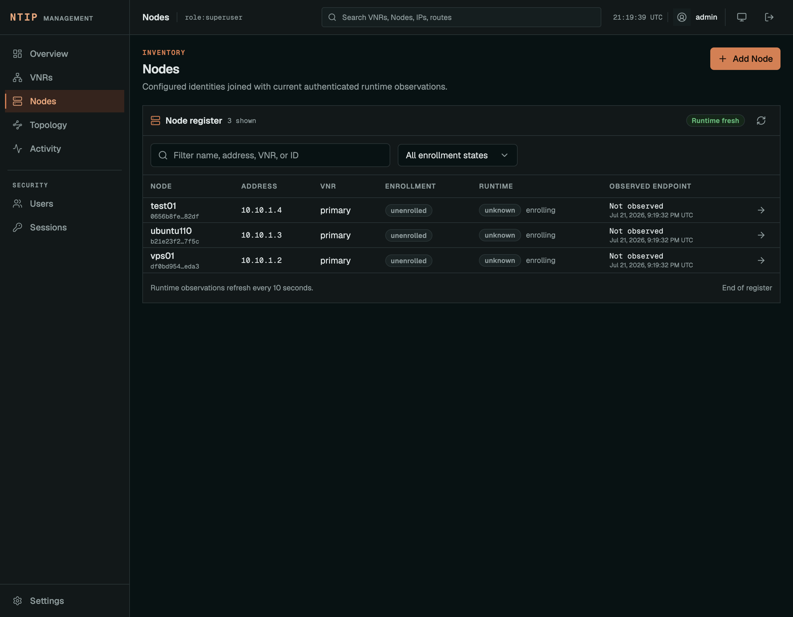 NTIP Nodes page listing three private-address nodes with enrollment and runtime state.