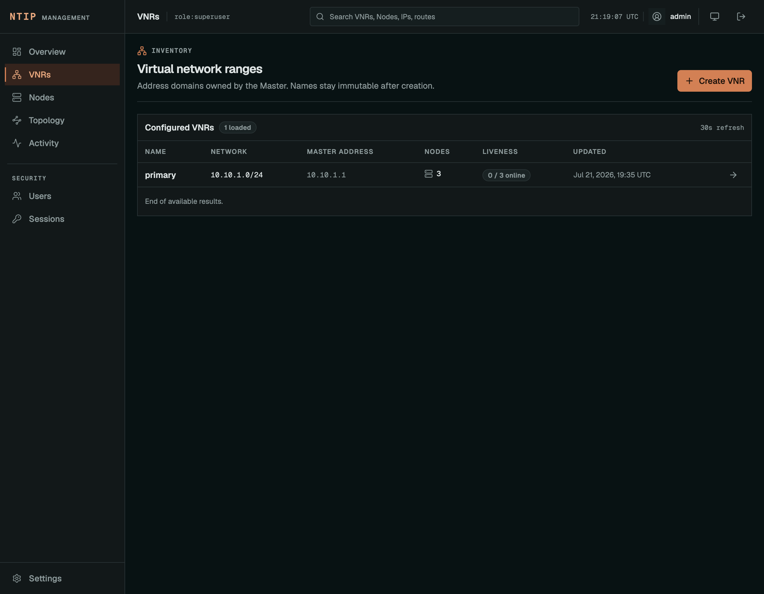 NTIP virtual network inventory showing the primary 10.10.1.0/24 range and its Master address.